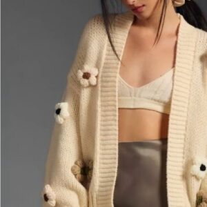 Cream Floral Knit Women's Sweater Anthropologie Maeve